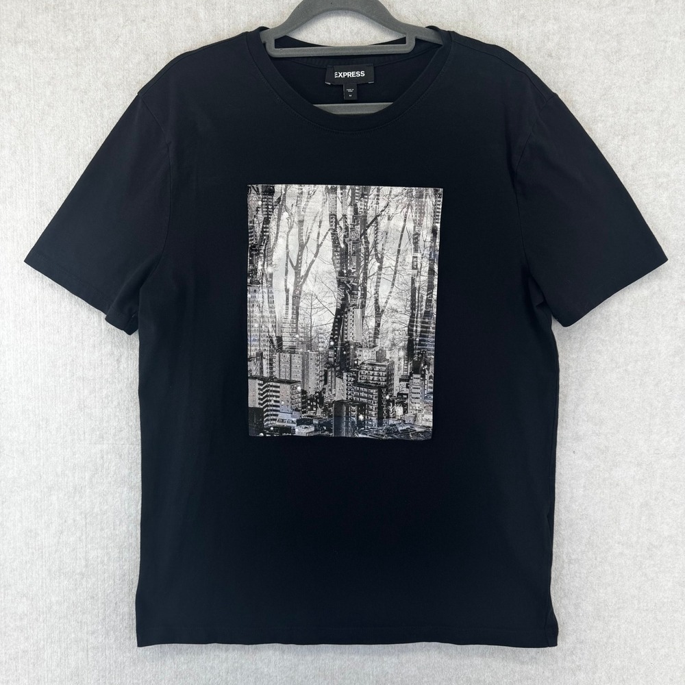 Express Mens Black Cityscape Graphic Tee Short Sleeve Crew Neck Shirt Size M